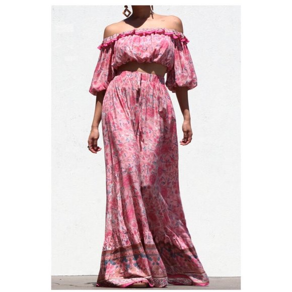 Boho Gypsy Peasant Off Shoulder Ruffle Crop Top Flared Maxi Skirt 2 Piece Set - Picture 3 of 7